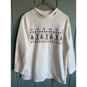 Vintage Embroidered Ski Lodge Fleece Sweater Women’s Cozy Winter Pullover Cream